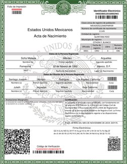 Clave única de registro de población 
MEAS920222MDFNRF09 
Numero de certificado de nacimiento  
11145