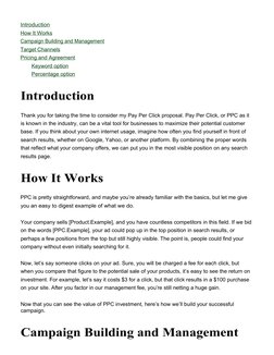 Introduction 
How It Works
Campaign Building and Management 
Target Channels
Pricing and Agreement
Keyword option 
Percentage