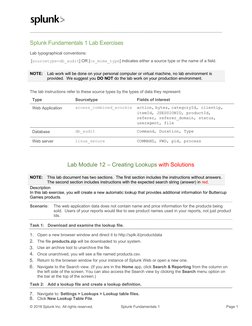 © 2018 Splunk Inc. All rights reserved. 
  Splunk Fundamentals 1  
 Page 1 
Splunk Fundamentals 1 Lab Exercises  
Lab t