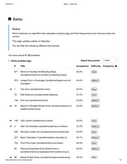 4/24/2019
Baidu - LeetCode
https://leetcode.com/company/baidu/
1/2
Select time period:
Baidu
Notice
We've improved our algor