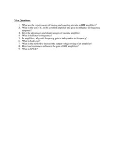 Viva Questions:
1. What are the requirements of biasing and coupling circuits in BJT amplifiers?
2. What is the use of CE in