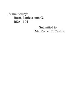 Submitted by: 
      Buen, Patricia Ann G.
      BSA 1104
Submitted to:  
Mr. Romer C. Castillo
