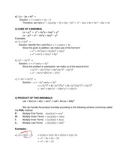 𝒅)  [(𝒙−𝟑𝒚+ 𝟒]𝟐 = 
       Solution: 𝑥= 𝑥 𝑎𝑛𝑑 𝑦= 3𝑦−4 
 
Therefore, we have 𝑥2 −2(𝑥)(3𝑦−4) + (3𝑦−4)2 = 𝑥2 −6