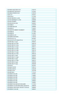  ADAKKAAKUNDU B.O
 676575
 ADAKKAPUTHUR B.O
 679503
 ADAKKATHODU B.O
 670674
 ADALAJ
 382421
 ADALHAT
 231302
 ADAM MISTRY LA