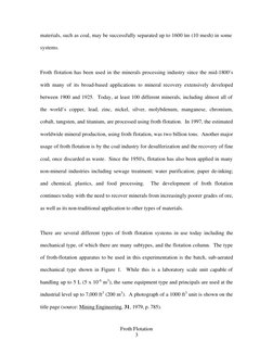 Froth Flotation 
3 
materials, such as coal, may be successfully separated up to 1600 ìm (10 mesh) in some 
systems. 
 
Froth