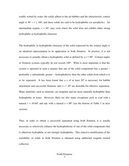 Froth Flotation 
7 
readily wetted by water, the solids adhere to the air bubbles and the characteristic contact 
angle is 90