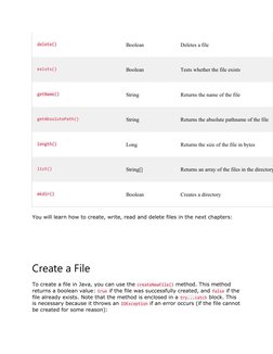 delete()
Boolean
Deletes a file
exists()
Boolean
Tests whether the file exists
getName()
String
Returns the name of the file