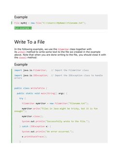 Example
File myObj = new File("C:\\Users\\MyName\\filename.txt");
Run example » (https://www.w3schools.com/java/showjava.asp?