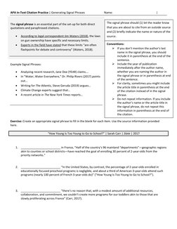 APA In-Text Citation Practice | Generating Signal Phrases  
 
Name:   
 
 
 
| 
 
The signal phrase is an essential part of t