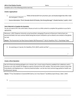 APA In-Text Citation Practice   
 
 
 
 
Name:   
 
 
 
| 
Complete each of the following practice exercises.  
 
Create a si
