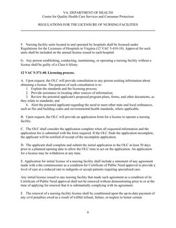 VA. DEPARTMENT OF HEALTH  
 
Center for Quality Health Care Services and Consumer Protection 
 
 
REGULATIONS FOR THE LICEN