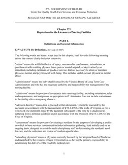 VA. DEPARTMENT OF HEALTH  
 
Center for Quality Health Care Services and Consumer Protection 
 
 
REGULATIONS FOR THE LICEN