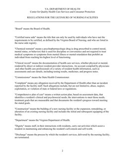 VA. DEPARTMENT OF HEALTH  
 
Center for Quality Health Care Services and Consumer Protection 
 
 
REGULATIONS FOR THE LICEN