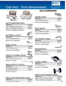 9
Phone: 1-888-289-3362
FAX: 1-800-542-8488 
    MasterHalco.com
 
GATE HARDWARE SETS
DESCRIPTION	
PART NO.
2-3/8” x 1-3/8” S