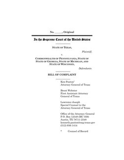 No. ______, Original 
 
In the Supreme Court of the United States 
 
STATE OF TEXAS,  
Plaintiff, 
v. 
COMMONWEALTH OF PENN