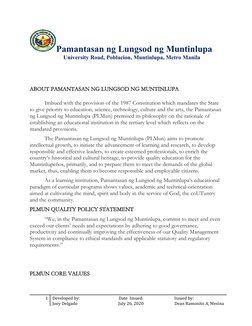 Pamantasan ng Lungsod ng Muntinlupa
        University Road, Poblacion, Muntinlupa, Metro Manila
ABOUT PAMANTASAN NG LUNGSOD