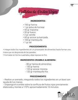 4
• 150 gr harina
• 1 gr polvo de hornear
• 50 gr maicena 
• 50 gr huevo
• 2 gr vainilla
• 60 gr azúcar pulverizada
• 100 gr