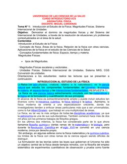 UNIVERSIDAD DE LAS CIENCIAS DE LA SALUD
CURSO INTRODUCTORIO UCS
ASIGNATURA: FISICA
DOCENTE: MIGUEL CARDENAS
Tema N° 1:   Intr