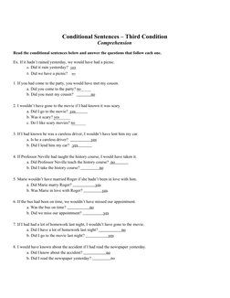 Conditional Sentences – Third Condition
Comprehension
Read the conditional sentences below and answer the questions that foll