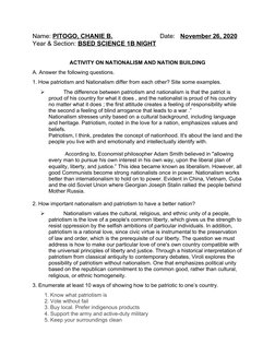 Nationalism and Patriotism Activity | PDF | Nationalism | Liberalism