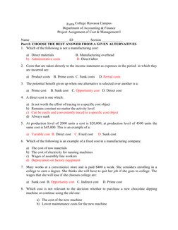 Furra College Hawassa Campus
Department of Accounting & Finance
Project Assignment of Cost & Management I
Name ______________