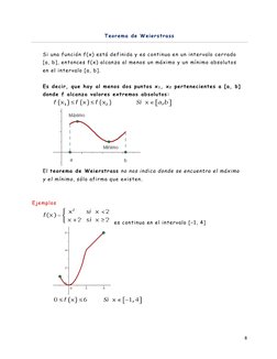 8 
 
Teorema de Weierstrass 
 
Si una función f(x) está definida y es continua en un intervalo cerrado 
[a, b], entonces f(x)