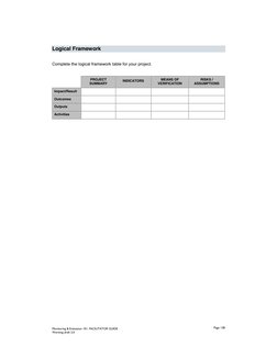 Logical Framework 
 
Complete the logical framework table for your project.  
 
 
PROJECT 
SUMMARY 
INDICATORS 
MEANS