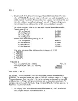 BSA 6
1. On January 1, 2010, Grapes Company purchased debt securities with a face 
value of P500,000. The security matures in