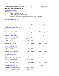 Allowable stress in Shear Welding = 0.49 x SA
539.0 kg/cm2
LIFTING LUG CALCULATIONS:
STRESS ANALYSIS
Assumption for weld anal