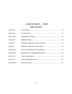 ___NAME OF TRUST___ TRUST
Table of Contents
Article One
Trust Creation.......................................................