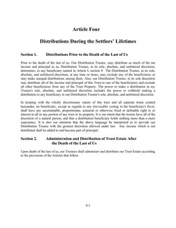 Article Four
Distributions During the Settlors’ Lifetimes
Section 1.
Distributions Prior to the Death of the Last of Us
Prior