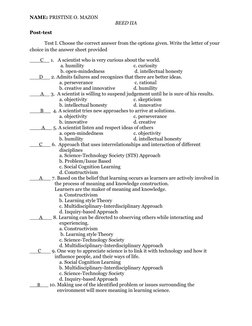 NAME: PRISTINE O. MAZON 
 
 
BEED IIA 
Post-test 
Test I. Choose the correct answer from the options given. Write the letter