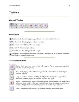 Audacity Manual  
 
3 
Toolbars 
 
Control Toolbar 
 
 
Editing Tools 
 Selection tool - for selecting the range of audio you