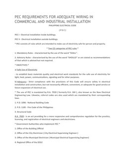 PEC REQUIREMENTS FOR ADEQUATE WIRING IN 
COMMERCIAL AND INDUSTRIAL INSTALLATION
PHILIPPINE ELECTRICAL CODE
( P E C )
PEC I -