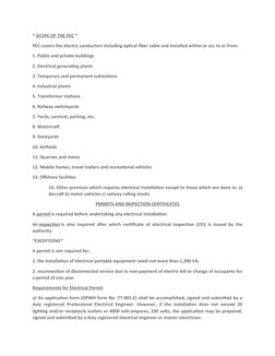 * SCOPE OF THE PEC *
PEC covers the electric conductors including optical fiber cable and installed within or on, to or from: