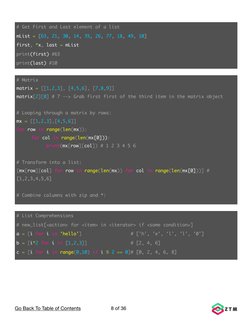 Go Back To Table of Contents
 of 
8
36
# Matrix
matrix = [[1,2,3], [4,5,6], [7,8,9]]
matrix[2][0] # 7 --> Grab first first of