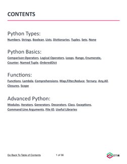 CONTENTS
Python Types:
Numbers, Strings, Boolean, Lists, Dictionaries, Tuples, Sets, None
Python Basics:
Comparison Operators
