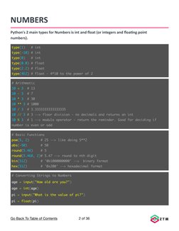 NUMBERS
Python's 2 main types for Numbers is int and float (or integers and floating point 
numbers).
Go Back To Table of Con
