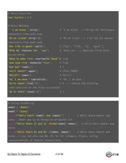 Go Back To Table of Contents
 of 
4
36
# String Formatting
name1 = 'Andrei'
name2 = 'Sunny'
print(f'Hello there {name1} and {
