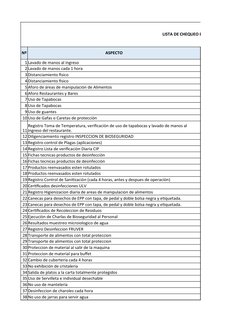 LISTA DE CHEQUEO BIOSEGURIDAD A&B
Nº
ASPECTO
1 Lavado de manos al ingreso
2 Lavado de manos cada 1 hora
3 Distanciamiento fis