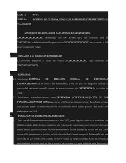 ESCRITO           : Nº 01
SUMILLA          : DEMANDA DE FILIACIÓN JUDICIAL DE PATERNIDAD EXTRAMATRIMONIAL
Y ALIMENTOS
SEÑOR J