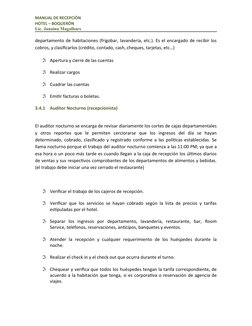 MANUAL DE RECEPCIÓN
HOTEL – BOQUERÓN
Lic. Janaína Magalhaes
departamento de habitaciones (frigobar, lavandería, etc.). Es el