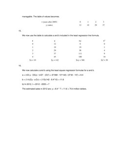 managable. The table of values becomes.  
t (years after 2005) 
0 
1 
2 
3 
y (sales) 
12 
19 
29 
37 
15.  
 
We now use the