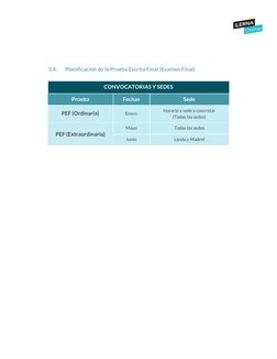  
  
 
 
3.4.
Planificación de la Prueba Escrita Final (Examen Final) 
 
CONVOCATORIAS Y SEDES 
Prueba 
Fechas 
Sede 
PEF (Or