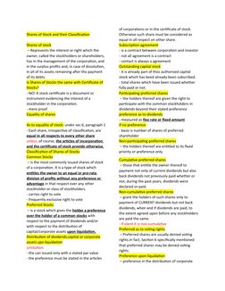 Shares of Stock and their Classification
Shares of stock
 – Represents the interest or right which the 
owner, called the sto