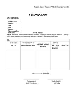 Recopilado, Adaptado y Mejorado por: Prof. David Téllez Rodríguez. Gestión 2021
PLAN DE DIAGNÓSTICO
DATOS REFERENCIALES:  
Un