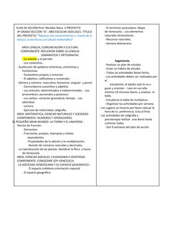 PLAN DE ACCIÒN Prof. Mirelbis Riera  II PROYECTO  
4º GRADO SECCIÒN “A”. AÑO ESCOLAR 2020-2021. TITULO
DEL PROYECTO: “Mejora
