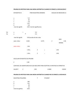 PRUEBA DE HIPOTESIS PARA UNA MEDIA ARITMETICA CUANDO SE CONOCE LA DESVIACION ESTANDAR POBLA
ESTADISTICO Z
PARA MUESTRAS GRAND
