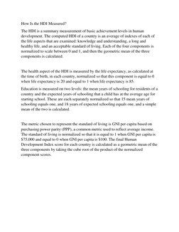How Is the HDI Measured? 
The HDI is a summary measurement of basic achievement levels in human 
development. The computed HD