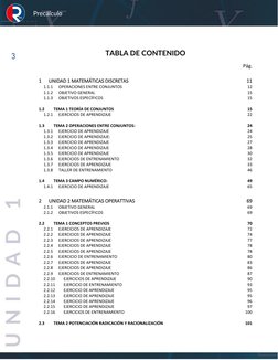 Precálculo 
3 
TABLA DE CONTENIDO 
Pág. 
1 
UNIDAD 1 MATEMÁTICAS DISCRETAS 
11 
1.1.1 
OPERACIONES ENTRE CONJUNTOS 
12 
1.1